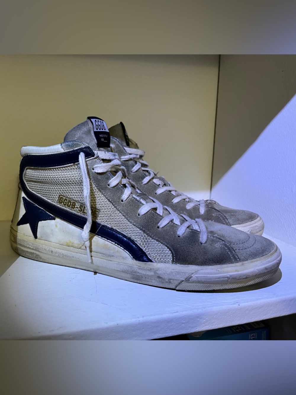 Slide in beige mesh and nylon with blue leather star and flash